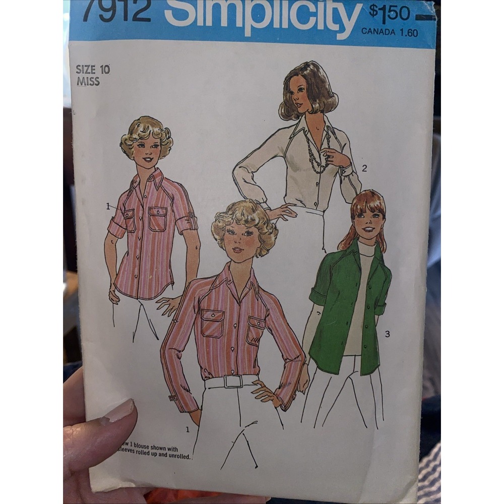 Vintage 1977 Simplicity 7912 Sewing Pattern Misses Blouse Shirt Size 10 Uncut